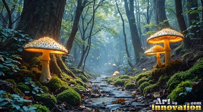 Bright yellow mushrooms grow along a mossy creek in a dark forest