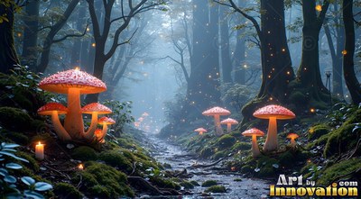 Spotted red caps top bright mushrooms along a damp mossy trail through dark woods