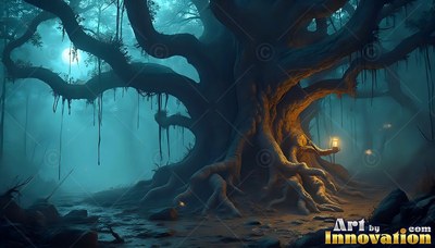 An ancient gnarled tree spreads thick roots in blue mist beside warm lantern light