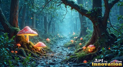 Standing upright in a misty teal forest, red mushrooms light a stony path