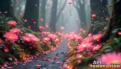 A shadowy forest path lined with bright pink flowers in misty woods