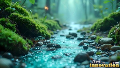 In a foggy forest, a shallow turquoise stream flows over smooth stones and green moss