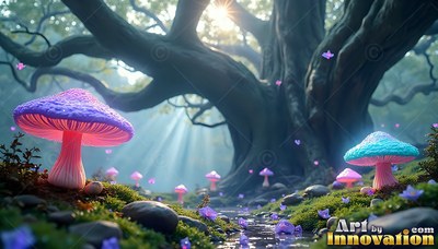 Sprouting on moss under sunlight, purple mushrooms line a forest path by an old tree