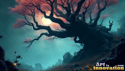 A gnarled tree with pink leaves stands under a round moon in teal mist