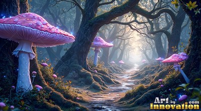 Spotted pink caps on giant mushrooms rise along a mossy path under arched forest trees