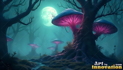 Giant pink mushrooms sprout from dark trees under the cool light of a teal moon