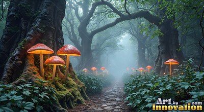 Lining a stone path through a misty forest, bright red mushrooms shine under tall trees