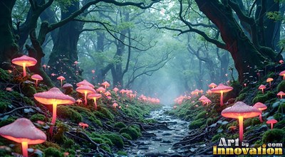 Bright pink mushrooms line a small rocky stream flowing through dark woods