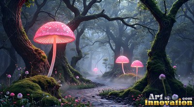 In a misty dark forest, bright pink mushrooms line a stone path