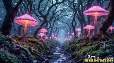 Shining along a dark forest stream, giant pink mushrooms light up gnarled trees