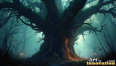 A large dark tree with an orange slit trunk in teal fog