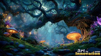 Luminous orange gills shine under large mushrooms along a dark, twisted forest path