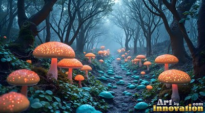 Spotted orange mushrooms line a dark dirt path under foggy blue trees