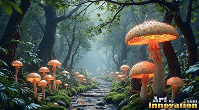 Sprouting upright along a stone path in a foggy woods, bright orange mushrooms