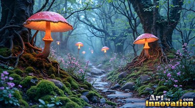 Red mushrooms light up like lamps along a rocky forest path