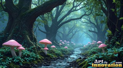 In a misty forest, large pink mushrooms grow beside a winding stream