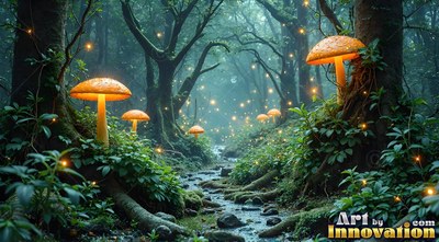 Shining beside a rocky brook, orange mushrooms light up a dark green forest