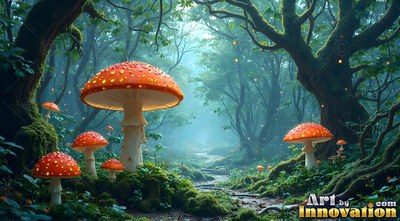 Large red mushrooms with white spots along a misty path in the woods