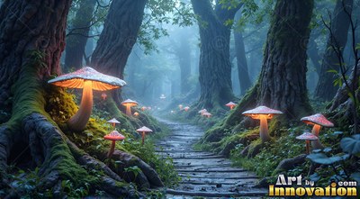 Bright orange undersides light up mushrooms along a wooden path in a misty forest