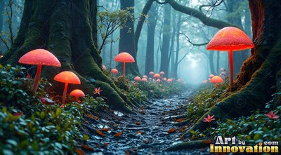 Bright orange mushrooms line a damp forest trail cutting through pale teal mist