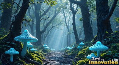 Sprouting upright in a misty forest, bright blue mushrooms line a path