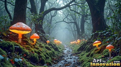 Bright orange mushrooms light a mossy dirt path through dark misty woods