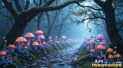 In a dark misty forest, pink and purple mushrooms line a rocky path