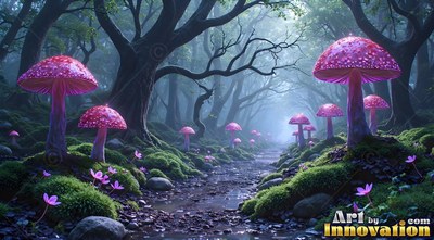 Sprouting along a stony path, pink mushrooms stand among moss and dark trees