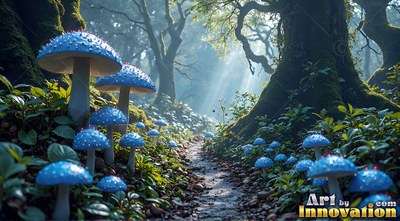 Blue spotted mushrooms grow beside a dirt path in a sunny woods