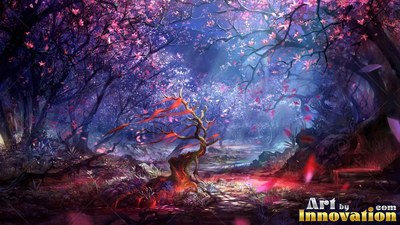 Red ribbon-like leaves sprout from a small twisted tree in a dark forest of pink blossoms