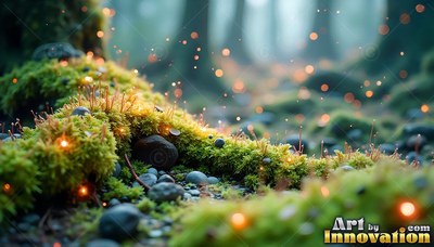 Green moss covers dark rocks on the forest floor under floating orange lights
