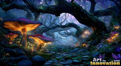 Tilted upward in a dark forest, orange and purple mushrooms line a stone path