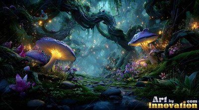 Lit purple mushrooms light up a dark forest path full of twisted trees and fireflies