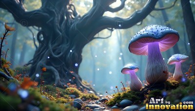 In a misty woods, purple mushrooms sprout by a twisted tree trunk