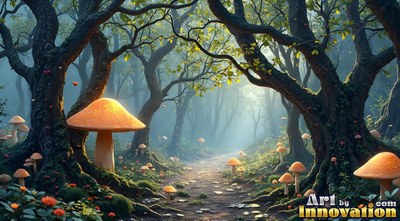 Sprouting along a dirt path, large orange mushrooms light a misty green forest