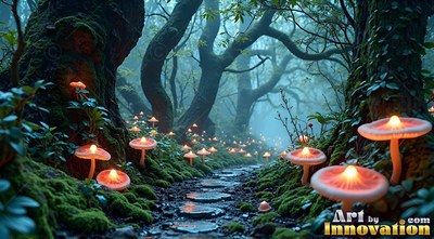 Mushrooms with lit caps line a stone path in a foggy forest
