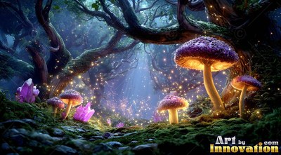 Spotted purple caps top mushrooms under twisted trees in a forest lit by fireflies