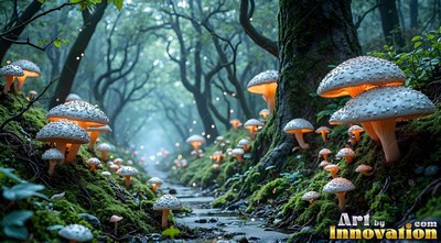 Speckled mushrooms line a mossy forest brook, shining with warm orange undersides