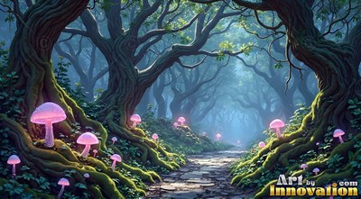 Curving over a stone path in a misty forest, twisted trees frame pink mushrooms