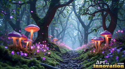 A dirt path through a dim forest lined with pink mushrooms shining from inside