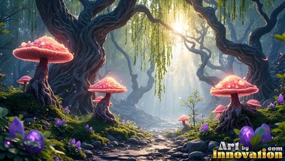 In a sunlit forest, pink mushrooms sprout along a rocky path under twisted trees