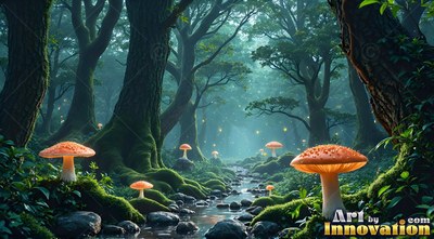 Sprouting along a rocky forest stream, orange mushrooms stand under mossy green trees