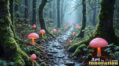 Pink lit mushrooms along a stone forest path in the fog