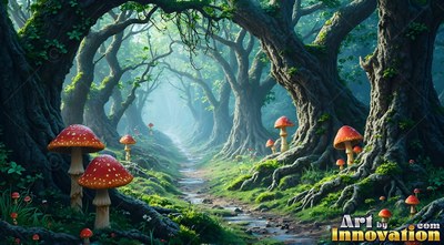 Red spotted mushrooms border a wet dirt path through gnarled trees in teal mist