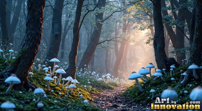 White mushrooms line a dirt path through dark woods where soft morning light shines