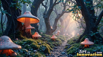 Standing upright in a dark forest, bright orange mushrooms line a mossy path