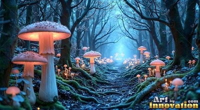 Large lighted mushrooms line a mossy path through a dark blue forest