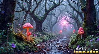 In a dark misty woods, red mushrooms line a narrow dirt path under pink light