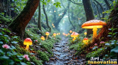Lighting a dark forest path, bright orange mushrooms sprout from green moss