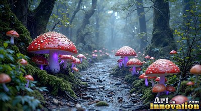 Red mushrooms with purple light line a rocky forest path